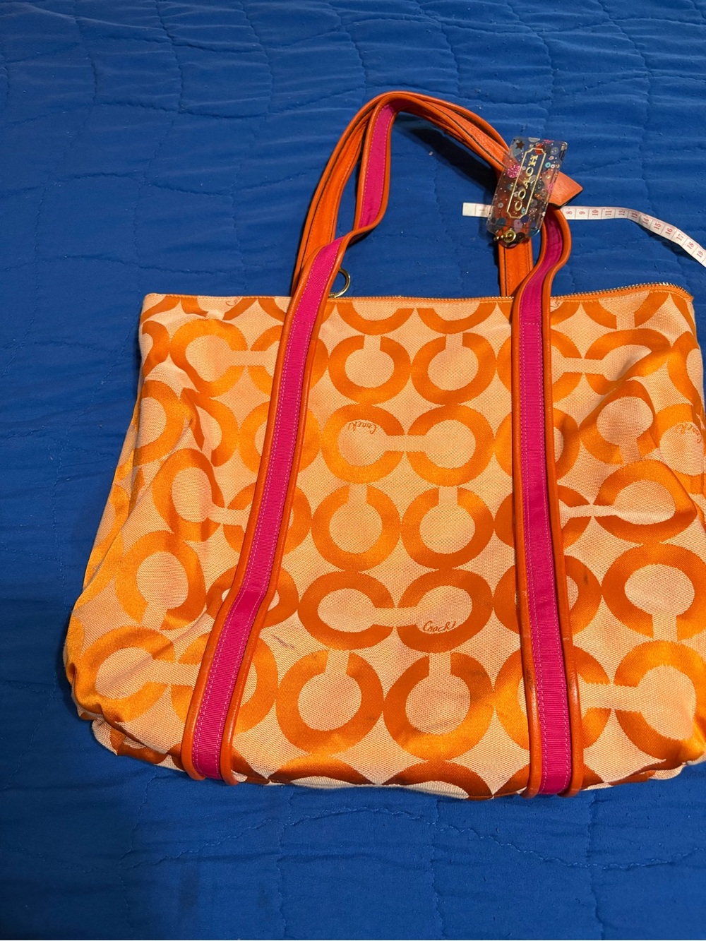 Coach Orange and Pink Logo Canvas Tote with Gold Plaque - Picture 4 of 7